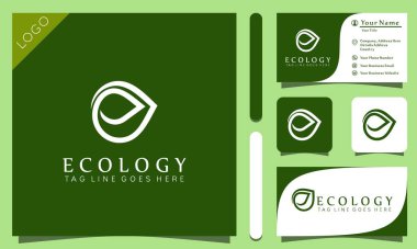 Minimalist yeşil yapraklı ekoloji logoları çizgili sanat tarzı vintage, modern şirket kartviziti şablonlu vektör çizimi