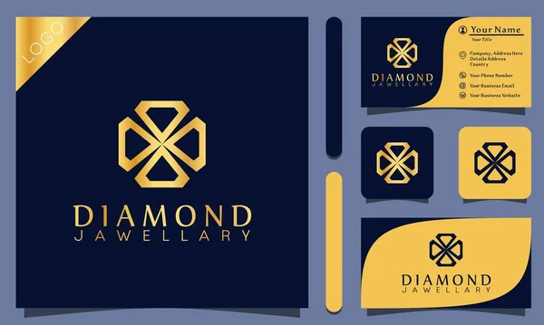 Złoty Diament Jawellary Logo Design Wektor Ilustracja Linii Stylu Art — Wektor stockowy