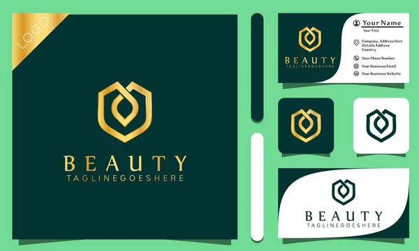 Gold Love Beauty Leaves Logos Design Vector Ilustracja Linii Art — Wektor stockowy