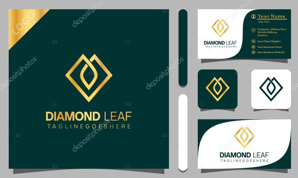 Golden diamond leaf logo design vector illustration with line art style vintage, modern company business card template