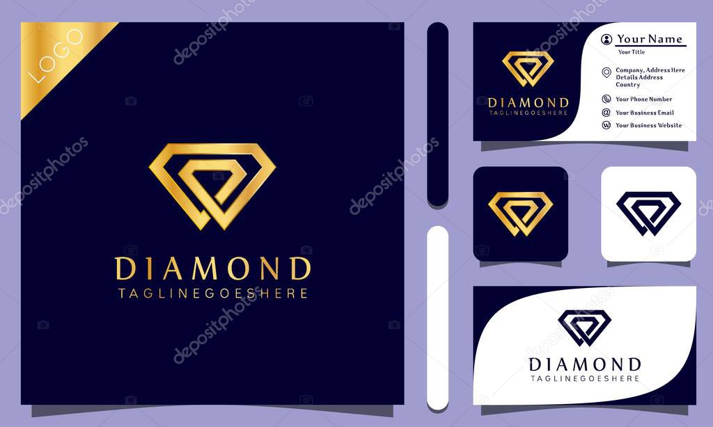 Gold diamond jewelry luxury logo design vector illustration with line art style vintage, modern company business card template