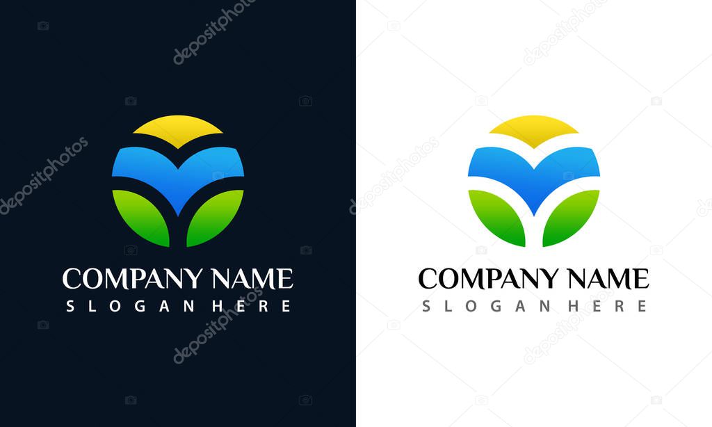 Green Lanscape Nature Leaf Circle Logo Design Vector Illustration Template