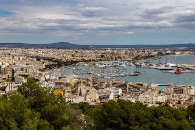 Güneşli bir günde İspanya 'nın Mallorca adasındaki Palma limanında panoramik manzara