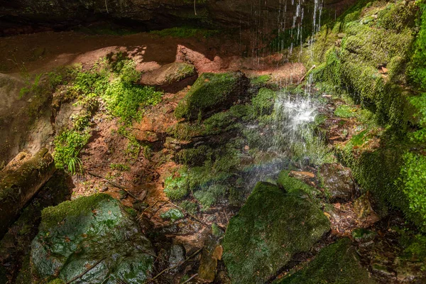 流过苔藓的水覆盖了峡谷中的岩石 — 图库照片