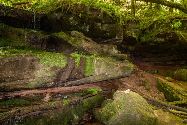 Agua Que Fluye Sobre Las Rocas Cubiertas Musgo Cañón Hexenklamm — Foto de Stock