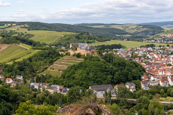 Scenic view from Rheingrafenstein at city Bad Muenster am Stein-Ebernburg with castle Ebernburg