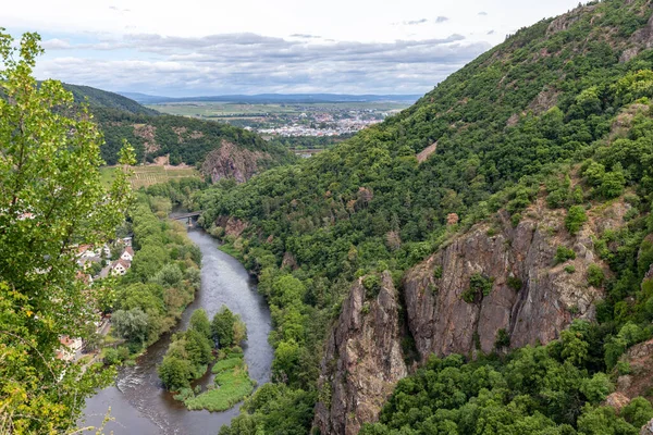 Widok Panoramiczny Rheingrafenstein Krajobraz Skałą Nieostry Nahe Rzeki Tle — Zdjęcie stockowe