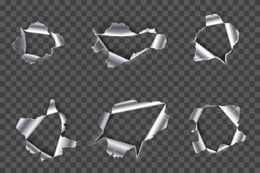 Metaldeki delik. Yırtılmış çelik, yırtık pırtık metaller ve metalik materyal 3D vektör kümesinde çatlaklar. Çatlamış metalik boşluklar şeffaf arkaplanda izole edilmiş. Hasarlı demir tırmanış koleksiyonu