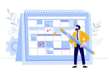 İş adamı kontrol takvimi. Planlamada kalem planlama, iş günü planı ve organizasyon takvimi çizimi yapan bir adam. İş organizatörü, iş akışı zamanlaması