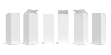 Yüksek kutu modeli. Beyaz, açık karton, uzun kutular, dikdörtgen şeklinde, gerçekçi gölge vektör seti. Boş karton kutu, beyaz arka planda izole edilmiş mal taşımacılığı için paketleme