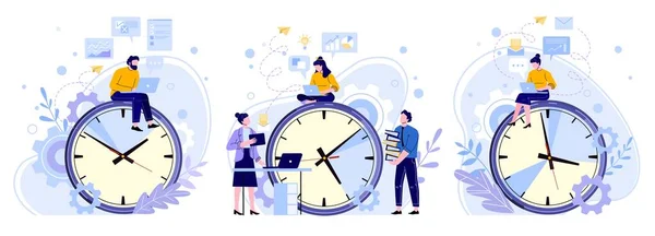 Efficiency work time. Man, woman and workers teamwork hours. Freelance workers, productivity clocks and people working on laptop vector illustrations set. Schedule planning, time management — Stock Vector