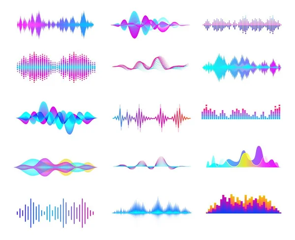 Красочные звуковые волны. Звуковая сигнальная волна, цветовые градиентные звуковые сигналы и цифровой студийный векторный набор. Коллекция абстрактных аудиозаписей. Разноцветные звуковые волны, музыкальный ритм — стоковый вектор