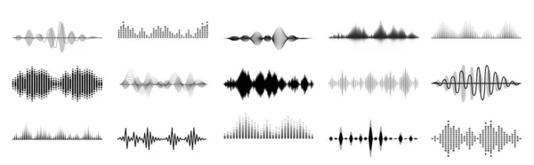 Ondas sonoras negras. Abstrato onda de música, frequência de sinal de rádio e visualização de voz digital. Conjunto de vetor equalizador de sintonia. Linhas de áudio, ritmo de ondas sonoras, forma da trilha sonora isolada em fundo branco —  Vetores de Stock