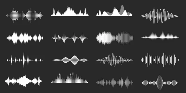 Zvukové vlny. Přehrávání vizualizace písní, radiofrekvenční linky a zvukové amplitudy. Abstraktní hudební vlna, stereo ekvalizér a vektor hlasitosti nastaven. Audio soundtrack a digitální hudební rytmus — Stockový vektor