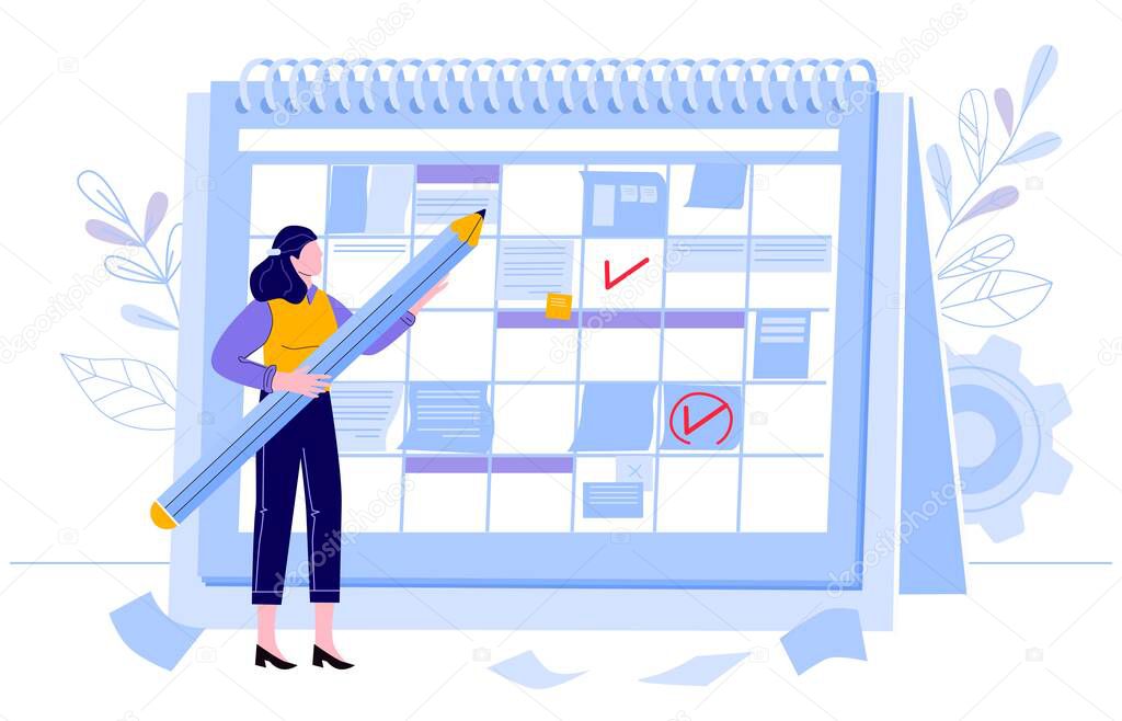 Business woman check calendar. Planning day, work month projects planner and check events calendars. Female character with pencil vector illustration. Task scheduling, organization management