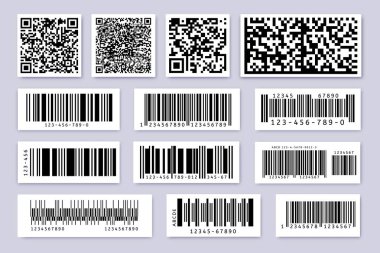 Barkod etiketleri. Ürün etiketi, barkod rozetleri ve endüstriyel QR kodları izole edilmiş vektör seti. Ürün satışı, mal izleme ve envanter numarası için kimlik kodları