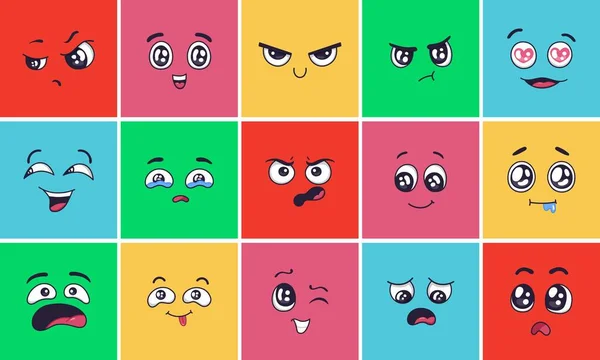 Expresiones faciales de dibujos animados. Rostros de aspecto sorprendente, humor enojado y conjunto de ilustración de vectores de cabeza de garabato. Emoticones alegres, decepcionados y riendo. Llorando y guiñando la expresión facial, sentimientos humanos — Archivo Imágenes Vectoriales