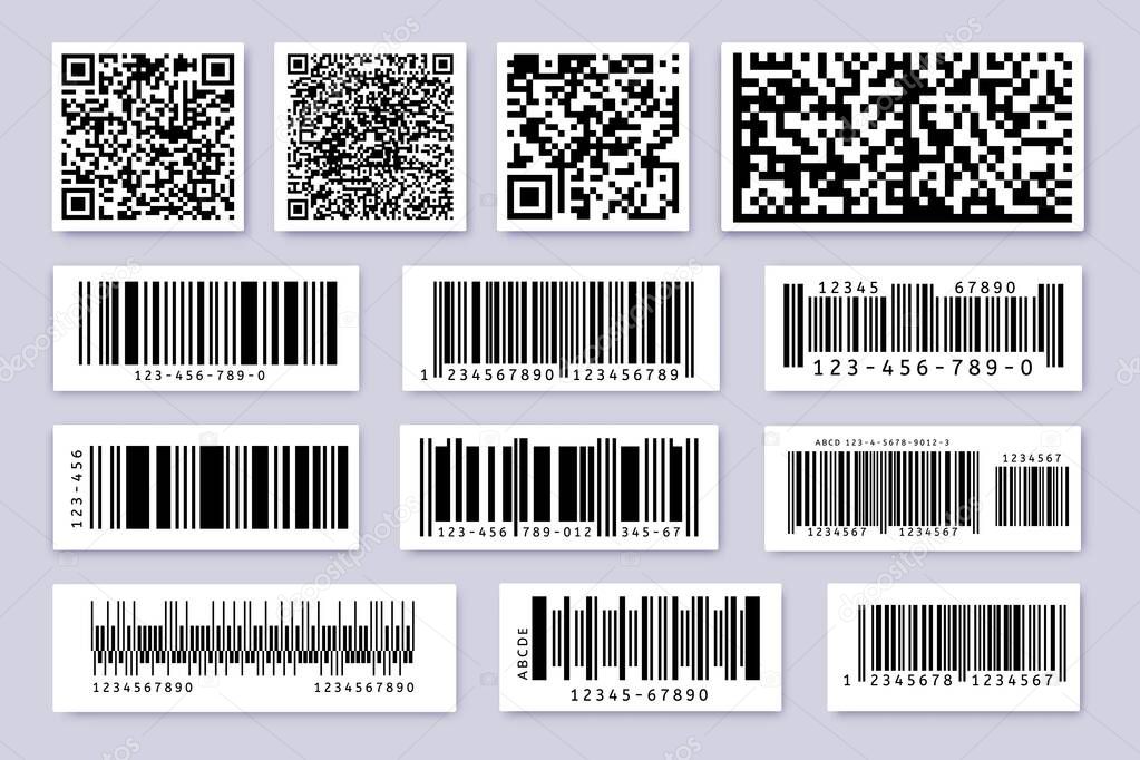 Barcode labels. Product label bar sticker, barcodes badges and industrial qr code isolated symbols vector set. Identification codes for product selling, goods tracking and inventory number