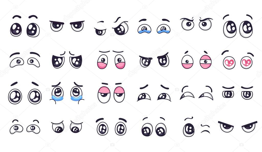 Cartoon eyes. Comic watching eye, funny facial eyes expressions and human emotions happy and crying sad doodle pair eye vector illustration set. Angry eyes with eyebrows, scared and surprised glance