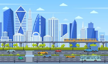 Şehir planlama altyapısı. Modern şehir mimarisi şehir manzarası, şehir panoramik manzarası, metro treni, trafik şehri yol manzaralı illüstrasyon