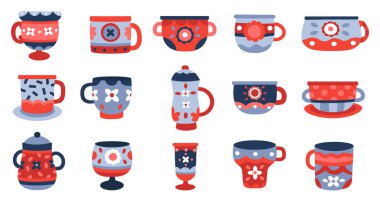 Seramik bardaklar. Mutfak porselen bardağı, çanak çömlek seramik kupası, masa örtüsü renkli fincan koleksiyonu izole vektör illüstrasyon simgeleri