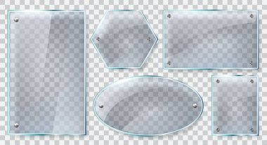 Realistic glass frames. Reflective glass plate, clear glass or plastic 3d banners, reflecting glass mockups isolated vector illustration set clipart