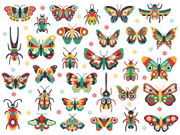 Kézzel rajzolt cuki rovarok. Doodle repülő pillangó és bogár, színes tavaszi rovarok. Rajzoló pillangók és bogarak vektor illusztráció ikonok készlet — Stock Vector