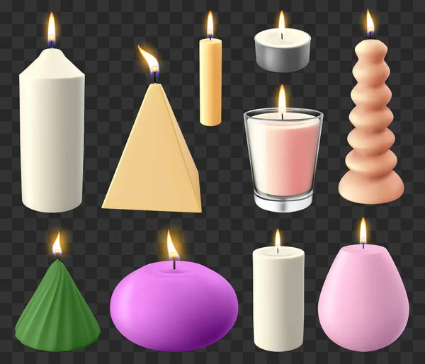 现实的3D蜡烛。假日烛光，浪漫的熊熊燃烧的蜡蜡烛，婚礼或生日蜡烛矢量图标设置 — 图库矢量图片