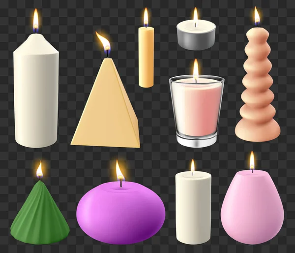 Velas realistas 3d. Vacaciones luz de las velas, vela de cera llama romántica, boda o cumpleaños velas vector iconos de ilustración conjunto — Archivo Imágenes Vectoriales