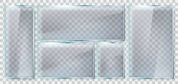 Glashelligkeitsrahmen. Realistische Glasplatte, reflektierendes Glasfenster 3D-Attrappe, klares Glas Rechteck Rahmen isolierte Vektorillustration Set — Stockvektor