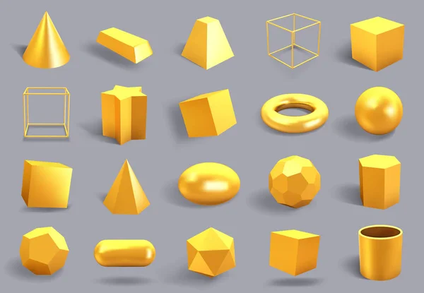 Ρεαλιστικά τρισδιάστατα χρυσά σχήματα. Χρυσό μεταλλικό γεωμετρικό σχήμα, λαμπερό κίτρινο κύβο βαθμίδωσης, σφαίρα και prism σχήματα εικονογράφηση διάνυσμα εικονίδια που — Διανυσματικό Αρχείο