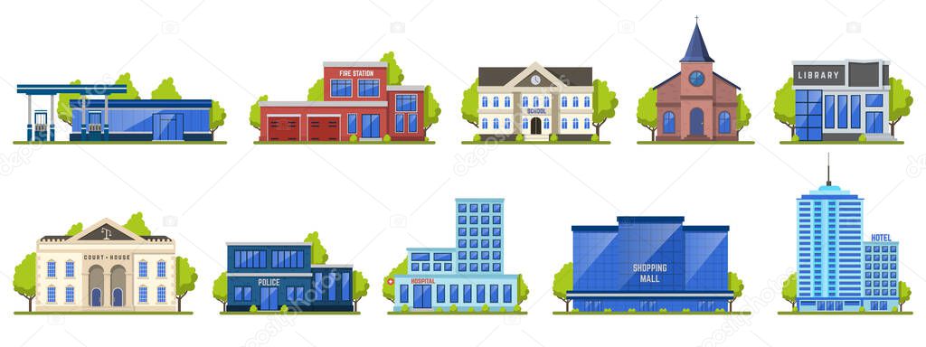 Modern city building. Public contemporary shopping center exterior, school facade, hotel and fire station isolated vector illustration icons set