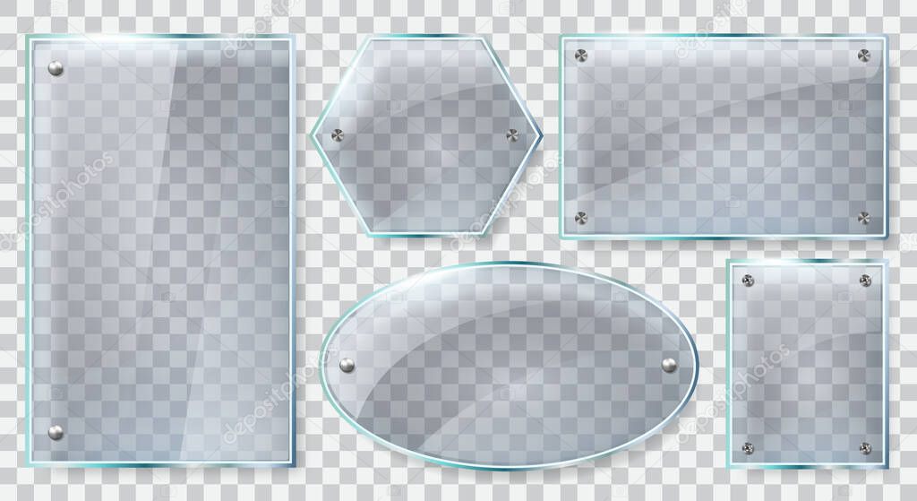 Realistic glass frames. Reflective glass plate, clear glass or plastic 3d banners, reflecting glass mockups isolated vector illustration set
