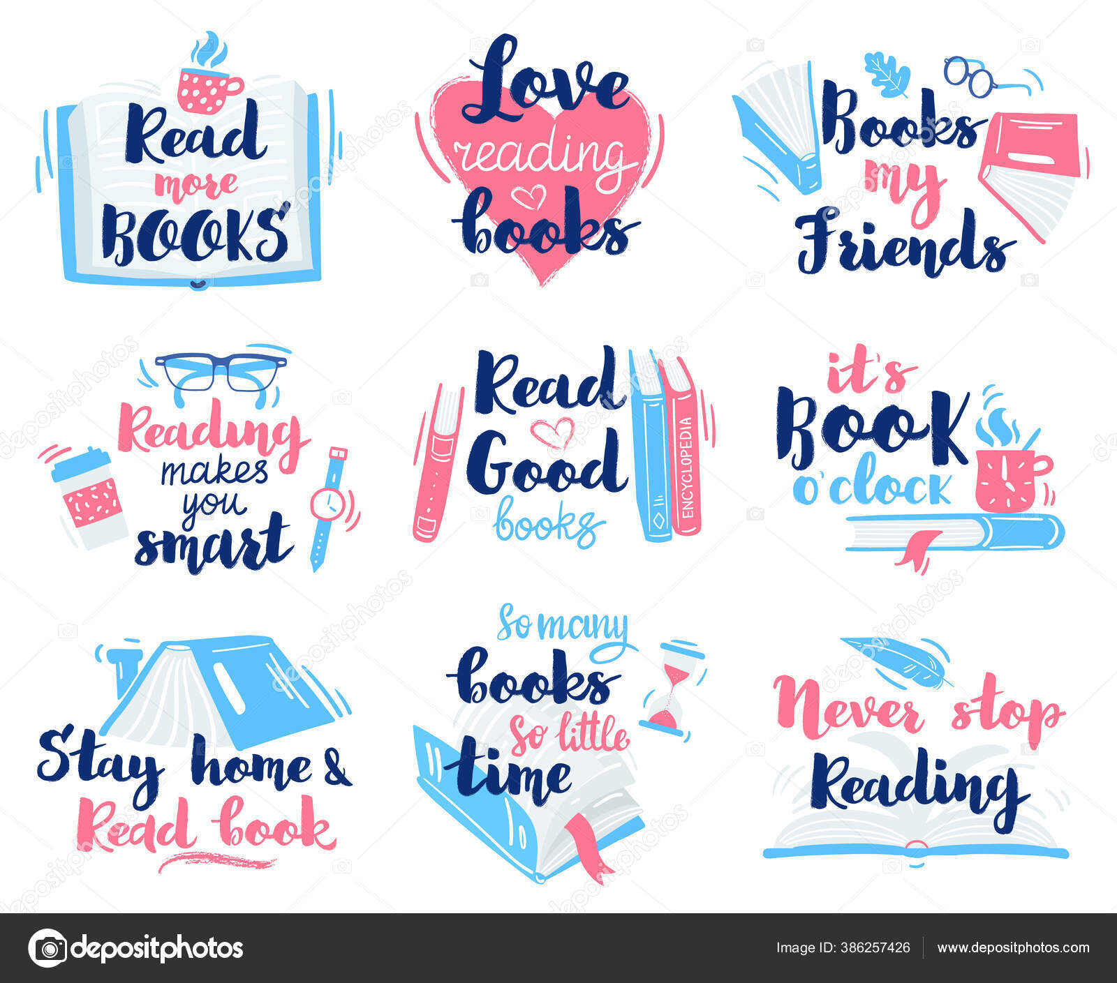 Skriftlige sitater fra bøker. Lesing av håndtegnede bokstaver, lesing av  motivasjonsbibliotek, vektorillustrasjonsikoner stockvektor ©  winwin.artlab@gmail.com #386257426, image size:1600x1409