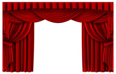 Kırmızı sahne perdesi. Gerçekçi sahne arkaplanı, sinema prömiyeri perdeler, lanet tören perdeleri, vektör desenleri.