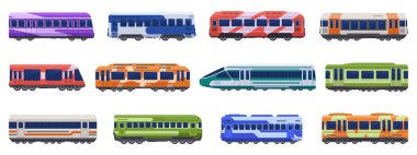 Metro yolcu trenleri. Yüksek hızlı trenler, metro zemin, yeraltı nakliyesi. Yolcu taşıma araçları vektör illüstrasyon simgeleri ayarlandı