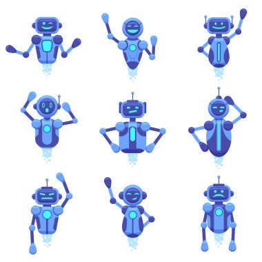 Sohbet robotu yardımı. Robot teknolojisi sohbet robotları, robot dijital asistan, fütürist android sohbet robotları karakterler, vektör illüstrasyon seti