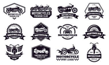 Motosiklet rozetleri. Retro motosiklet kulübü amblemleri, yarış ve motosiklet özel damgası, motosiklet sürücüsü amblemleri vektör illüstrasyon simgeleri ayarlandı