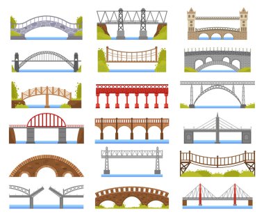 Şehir köprüsü. Şehir çapraz köprü inşaatı, kiriş ve kemer köprüsü, taşıyıcı mimari çizim simgeleri ayarlandı