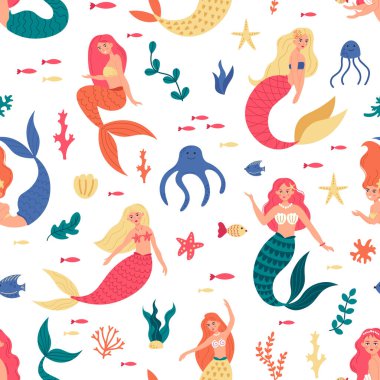 Denizkızları deniz motifi. Kusursuz tatlı denizkızları, su altı peri masalı karakterleri, denizaltı kızları vektör geçmişi.