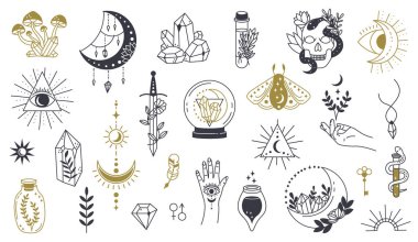 Magic doodle symbol. Witch hand drawn magic element, doodle witchcraft crystal, skull, knife, mystery tattoo sketch vector illustration icons set clipart