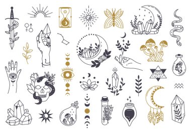 Cadı sihirli sembolleri. Doodle esrarengiz, boho mistik el çizimi elementler, sihir büyüsü kristali, gözler, ay vektör çizim simgeleri