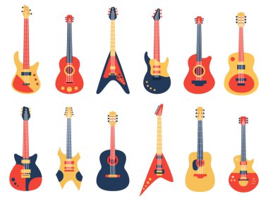 Müzik gitarı. Akustik, elektro rock ve caz gitarları, retro gitarlar, müzik bandı enstrümanları vektör illüstrasyonu seti