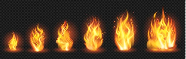 Realistyczna koncepcja płomienia. Płonący ogień, różne wielkości płonące zrywy płomienia, rosnące płomienie pożarowe odizolowane wektor ilustracji zestaw — Wektor stockowy