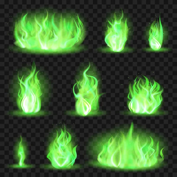 Fuego realista de color. Llamarada ardiente verde, llama llameante juego mágico, chorros de color ardiente de iconos de ilustración de vector de llama conjunto — Vector de stock