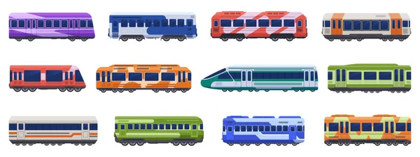 Trens de passageiros do metrô. Trens de alta velocidade, metrô, transporte subterrâneo. Veículos de transporte de passageiros conjunto de ícones ilustração vetorial —  Vetores de Stock