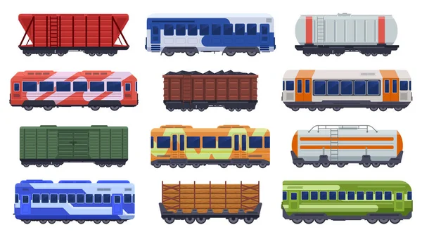 Trains transportation. Passenger and freight trains, steam train, goods high speed trains. Subway underground train vector illustration icons set — Stock Vector