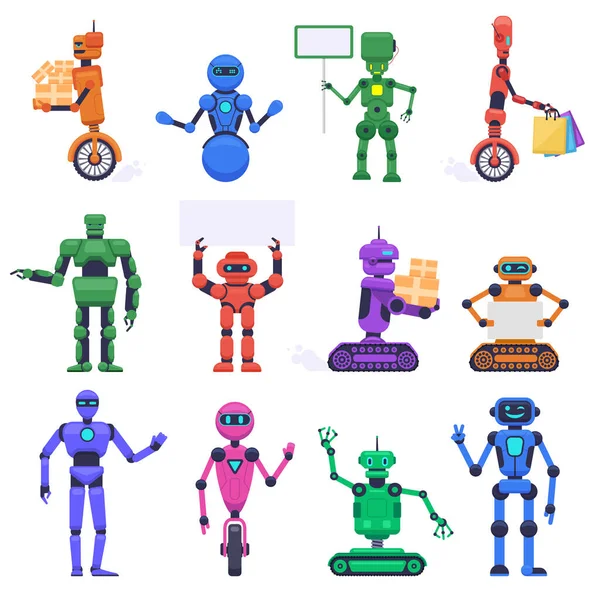 Robotkaraktärer. Robotic mekanisk humanoid tecken, chatbot assistent maskotar, teknik android bot isolerad vektor illustration set — Stock vektor