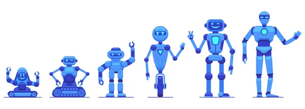 Robotar utvecklas. Robotics teknik framsteg, futuristiska mekaniska robot tecken, robotar tech evolution vektor illustration ikoner som — Stock vektor