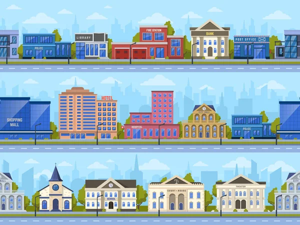 Panorama da cidade. Cidade estrada ruas cityscape, edifícios da cidade, banco, escola e shopping center exterior vetor fundo ilustração conjunto —  Vetores de Stock